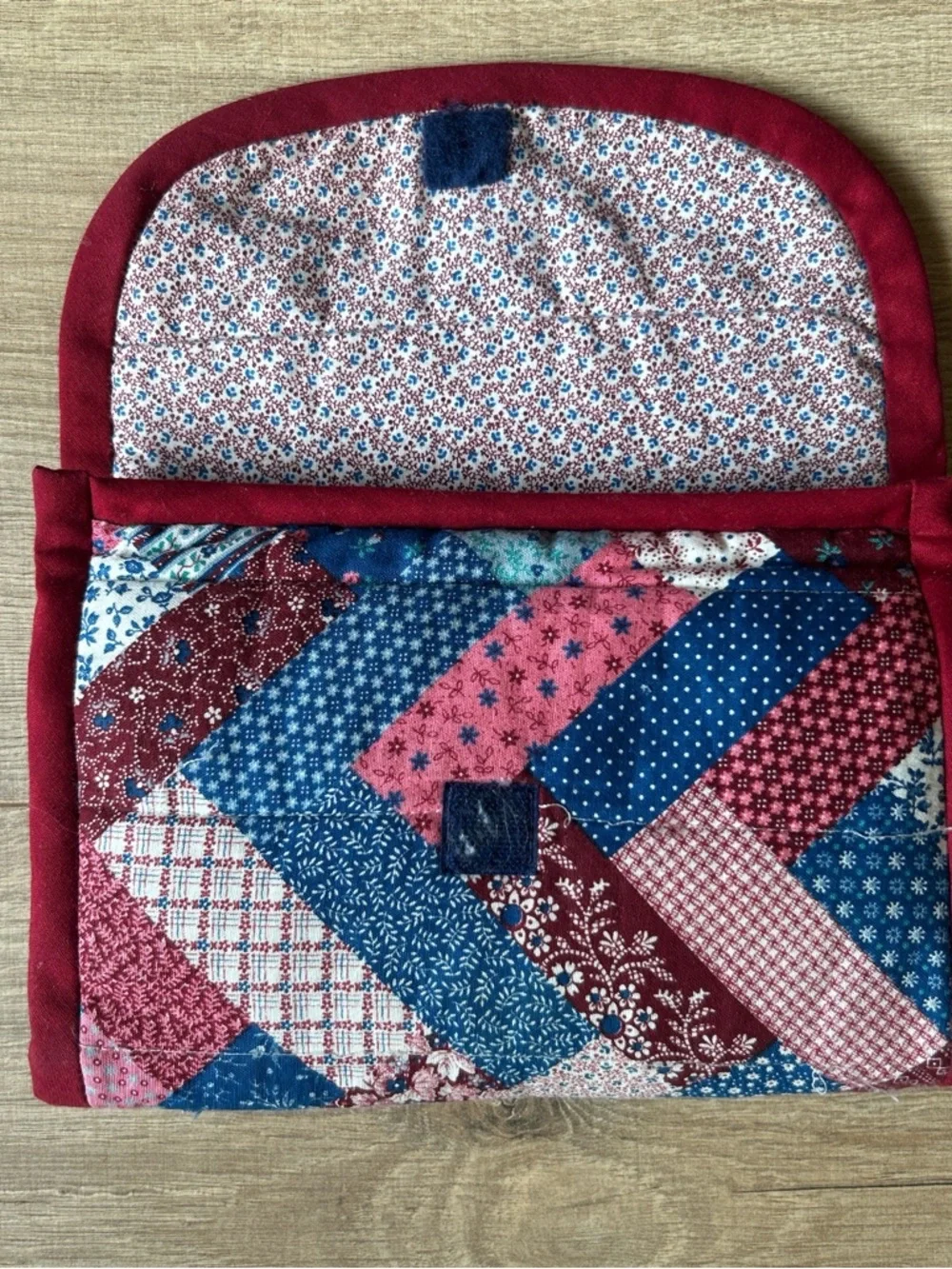 Patchwork Quilted Clutch in Blue and‎ Burgundy